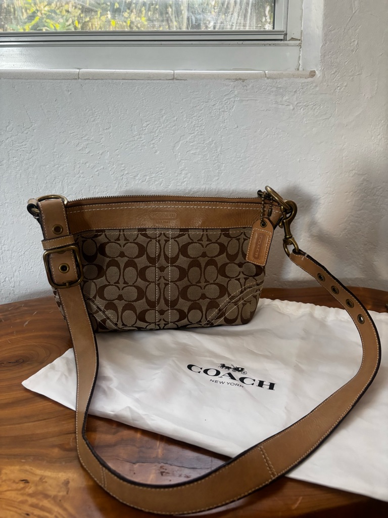 Coach Brown Signature Canvas Crossbody With Tan Leather Trim